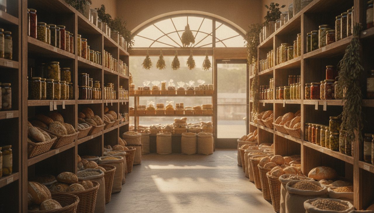 A sunlit aisle in the specialty grocery