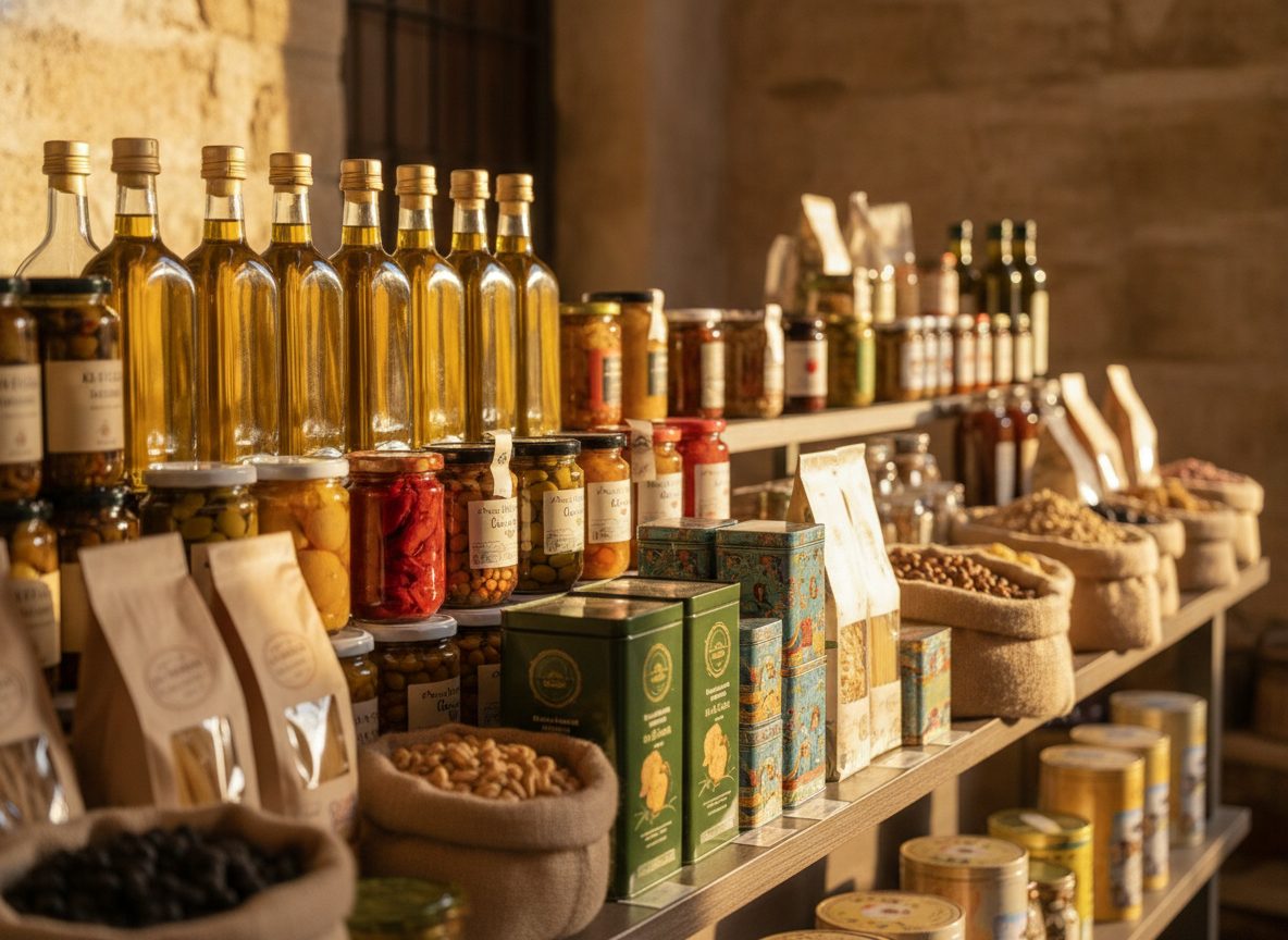 Shelves of imported olive oils and jars