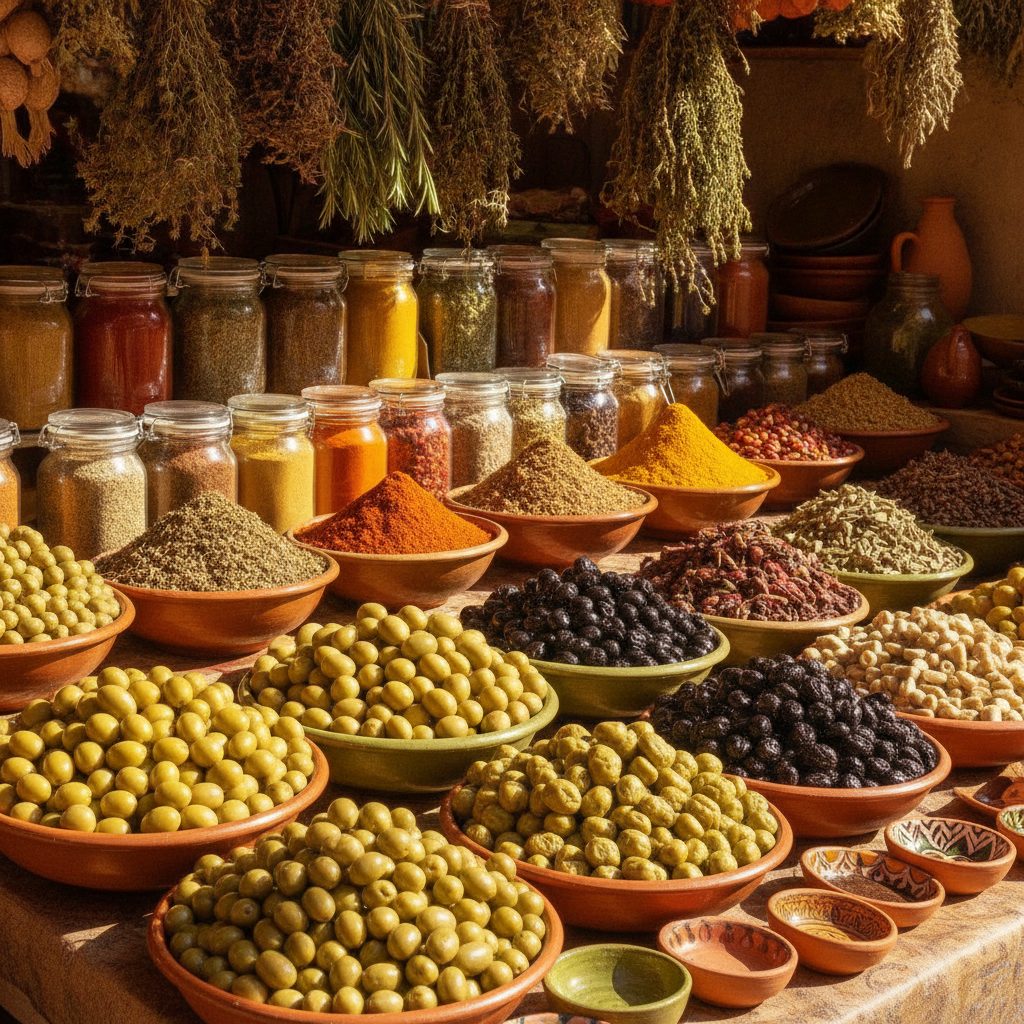 Bowls of olives, spices and small ceramics