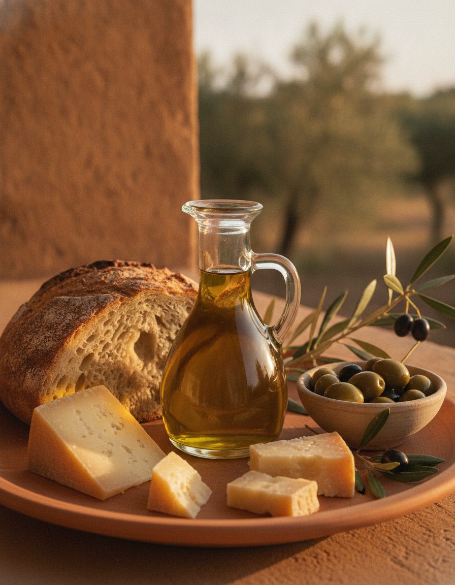 Olive oil, bread, cheese and olives on a warm surface